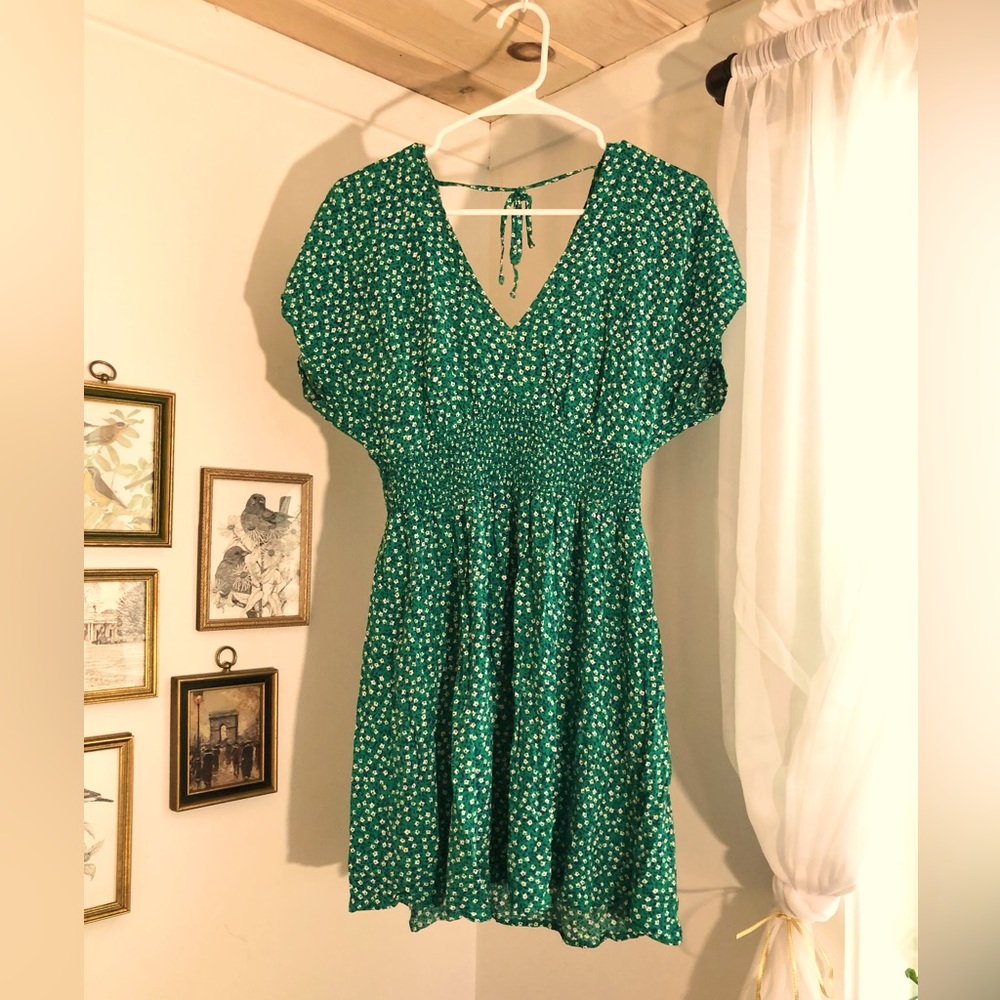 ⚡️Bebop Green Floral Dress Sundress Minidress V-Neck Dress Open Back Smock Dress